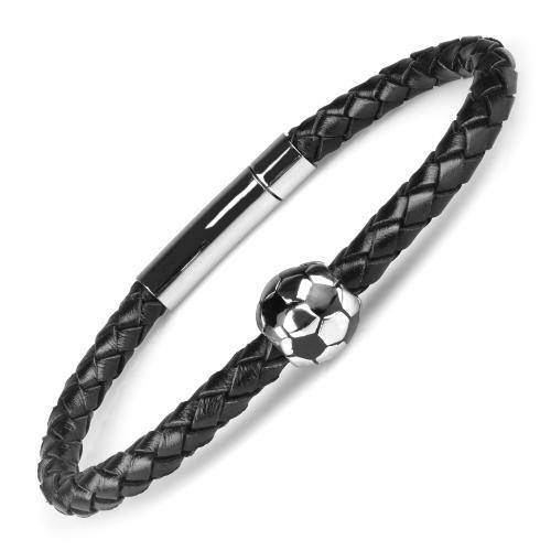 Мужской плетеный браслет из черной кожи с футбольным мячом Everiot Select LNS-5019 оптом