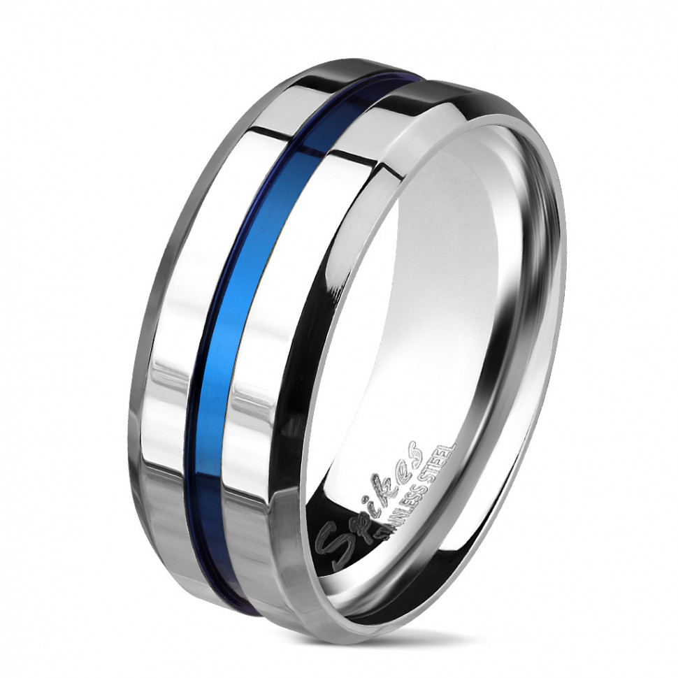 Мужское кольцо из стали Spikes R-M6694B с синей полосой оптом