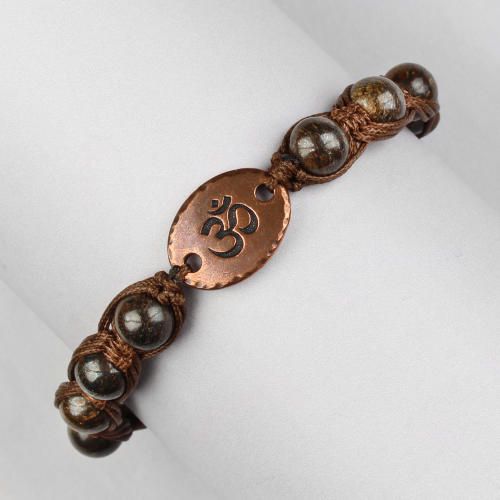 Плетеный коричневый браслет Шамбала ручной работы из бронзита Everiot Select LNS-3129 со знаком Ом оптом
