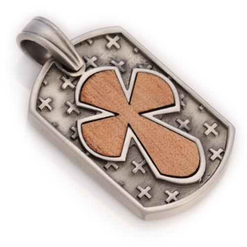 Мужской посеребренный кулон-жетон с деревянным крестом Bico BO-EW54 оптом