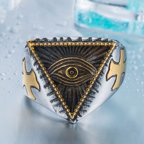 Мужской перстень из стали с крестами и символом масонов "Всевидящее око" Everiot SR-BR-176-GD оптом