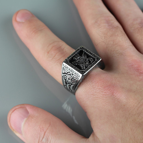Мужской перстень из стали Spikes R-H2015 с изображением двуглавого орла оптом