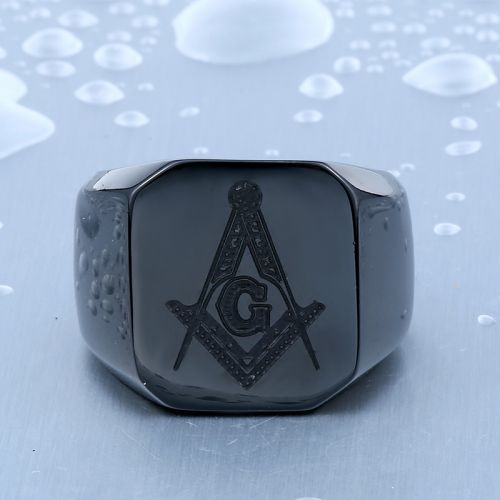 Мужской перстень-печатка из стали с масонским символом "Циркуль и наугольник" Everiot SR-BR-317-BK оптом