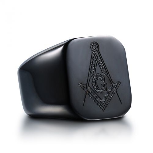 Мужской перстень-печатка из стали с масонским символом "Циркуль и наугольник" Everiot SR-BR-317-BK оптом