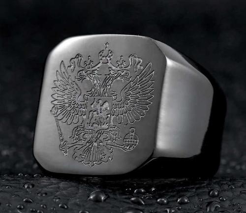 Черный мужской перстень из стали TATIC RSS-0321, кольцо с гербом двуглавый орел оптом