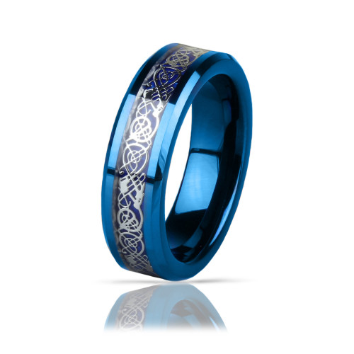 Кольцо из карбида вольфрама синее Lonti RTG-0031 с орнаментом "Кельтский дракон" (оттенок металл) оптом