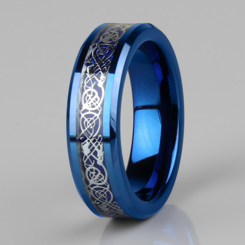 Кольцо из карбида вольфрама синее Lonti RTG-0031 с орнаментом "Кельтский дракон" (оттенок металл) оптом