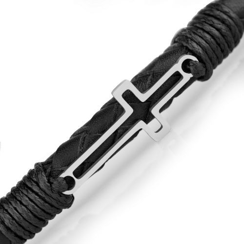Мужской плетеный браслет из черной кожи Everiot Select LNS-5041 с крестом оптом