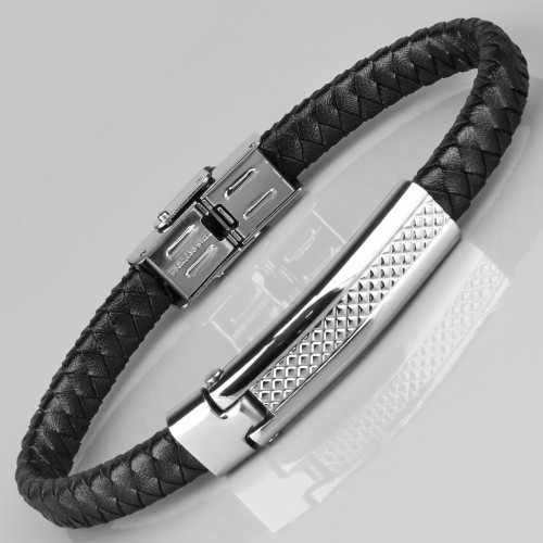 Кожаный браслет мужской Everiot BC-MJ-1750-BK черный плетеный с металлической вставкой оптом