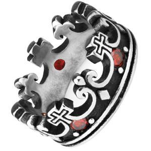 Стальное кольцо в форме короны Everiot SR-ZS-7007 с крестами и красными фианитами