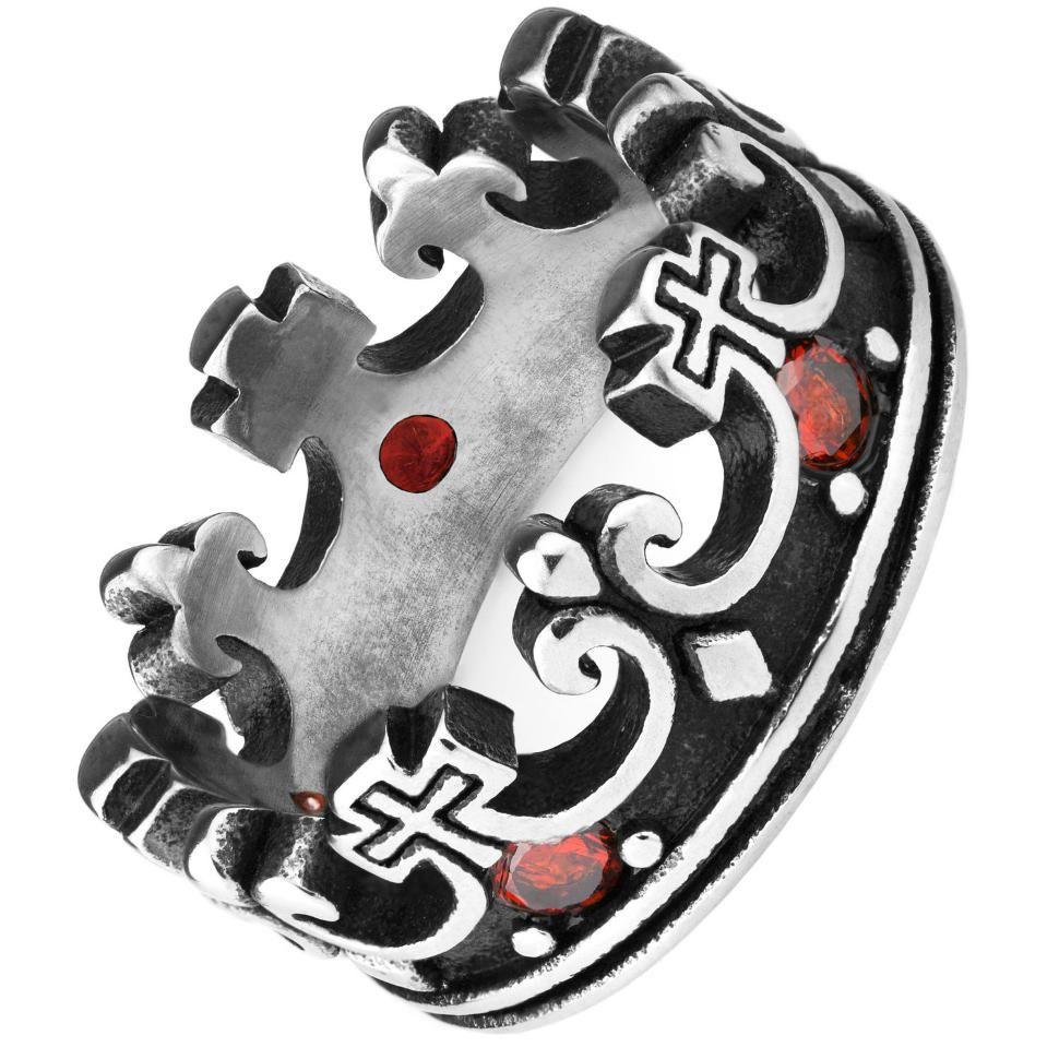 Стальное кольцо в форме короны Everiot SR-ZS-7007 с крестами и красными фианитами оптом