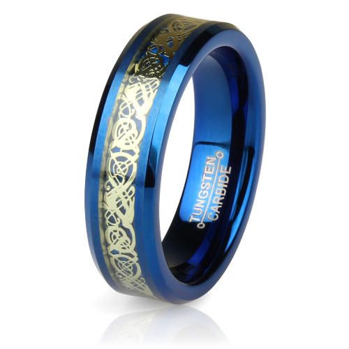 Кольцо из карбида вольфрама синее Lonti RTG-0030 с орнаментом "Кельтский дракон" (золотистый оттенок) оптом