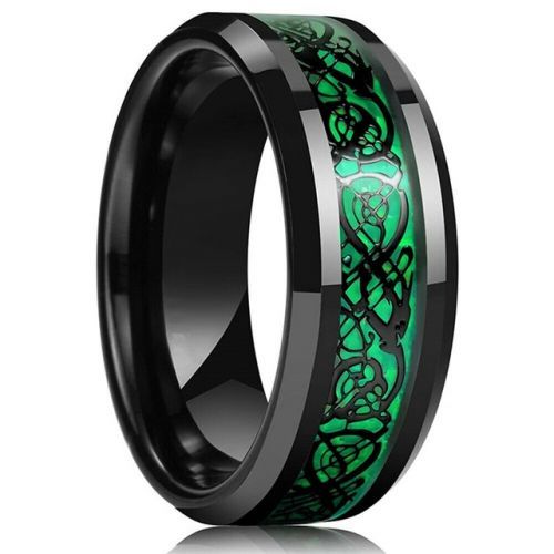 Черное кольцо из стали TATIC RSS-6773 с зеленым узором "Кельтский дракон" оптом