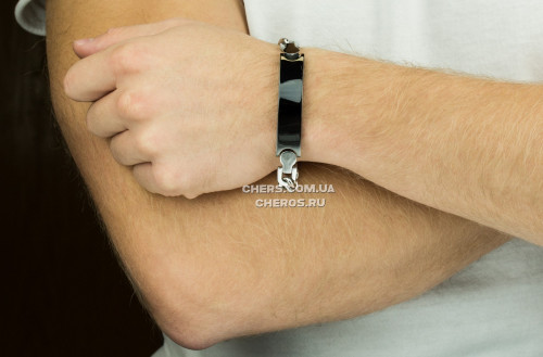 Мужской панцирный браслет-цепочка TATIC SSBQ-3042 из стали с черной пластиной для гравировки оптом